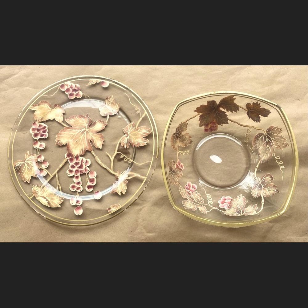 Rare Vintage Raymond Waites Clear Glass and Hand-Etched Leaf Platter & Bowl